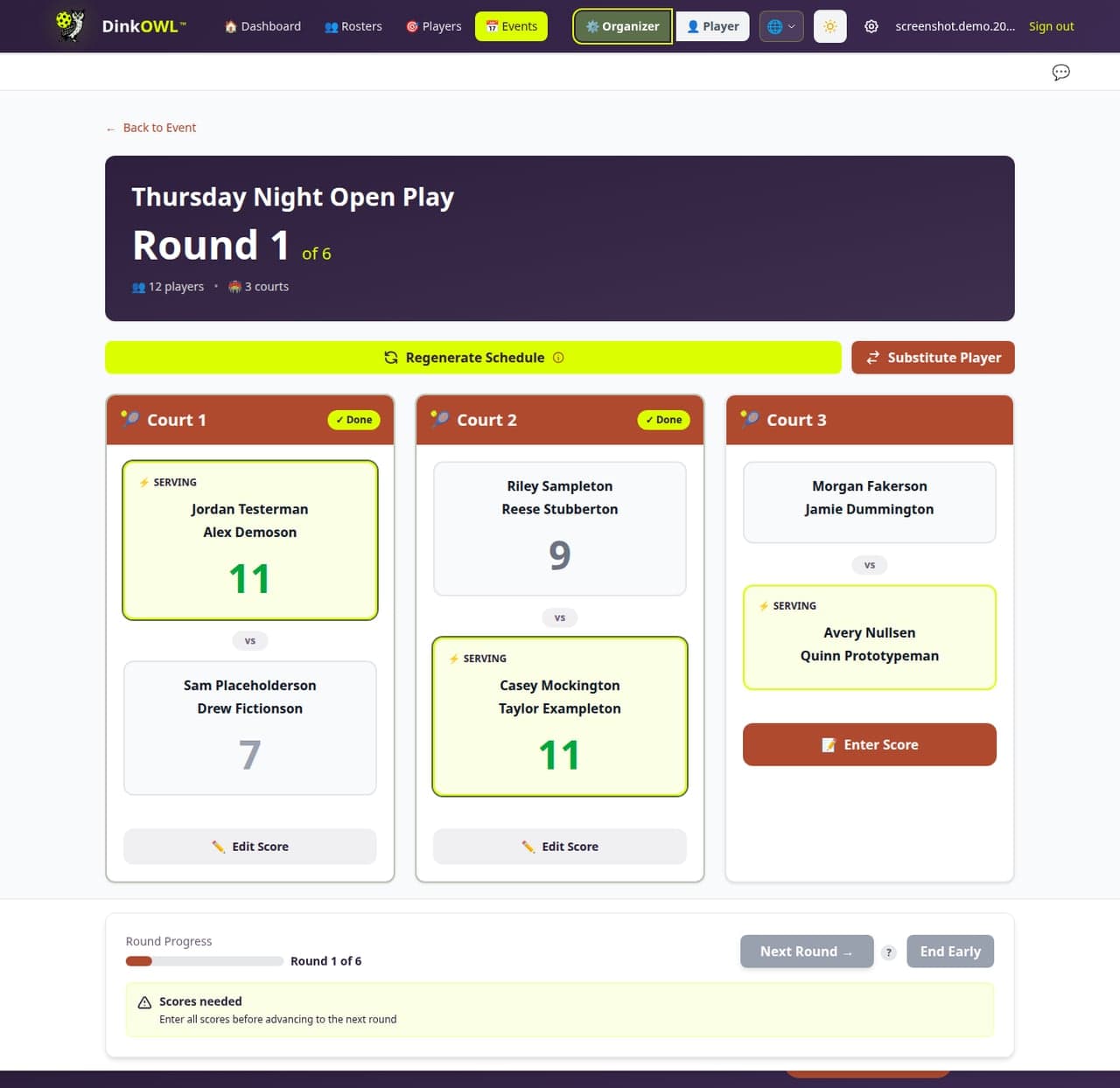 Live scoring screen showing the active round's matchups
