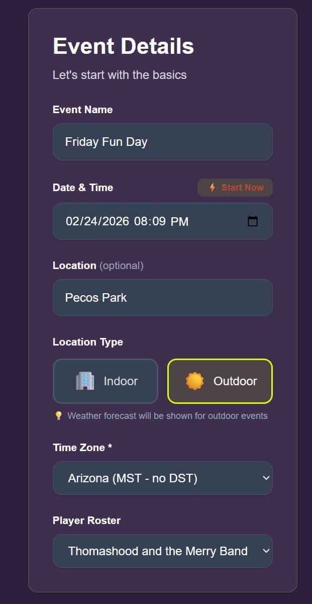 Event setup screen showing the event details form